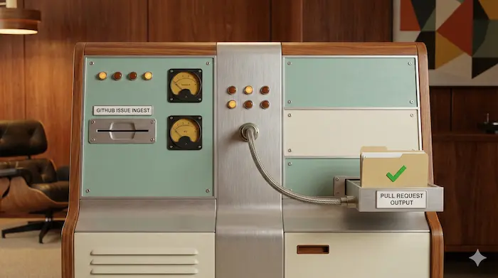 A retro mid-century machine with a GitHub Issue Ingest slot and a Pull Request Output drawer