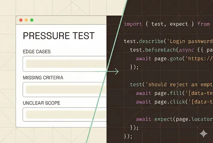 Illustration of a pressure test skill reviewing a ticket draft and surfacing follow-up questions